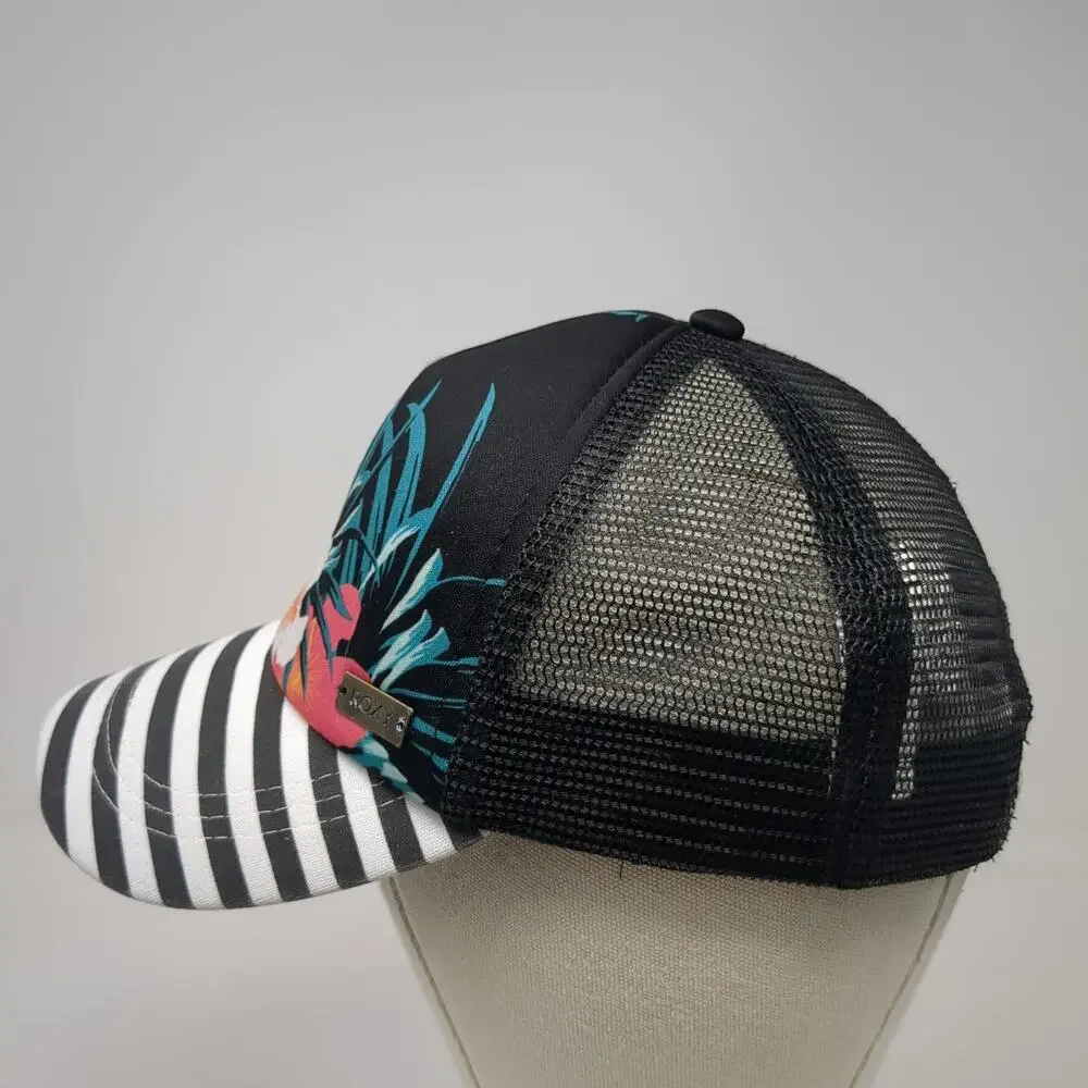 Roxy Trucker Hat Black Floral Hibiscus Striped One Size Mesh Snapback Bill